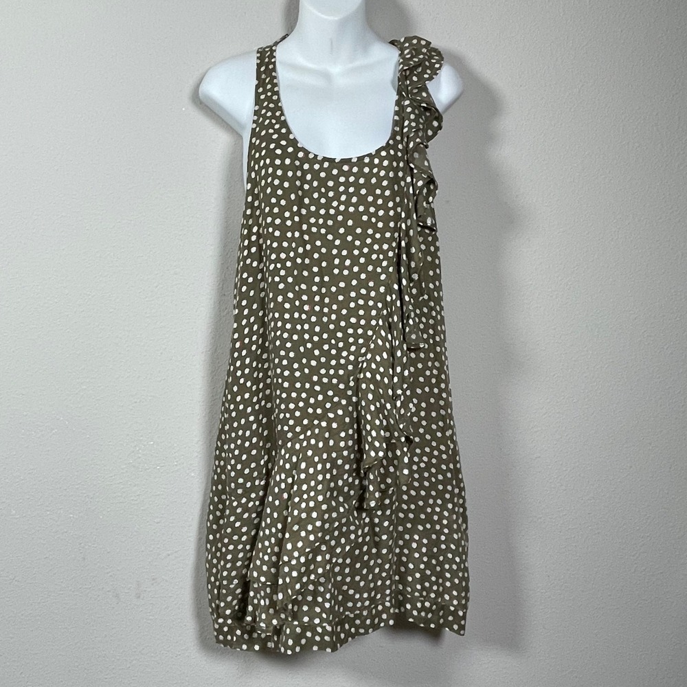 Ali Ro Silk Ruffle Front Polka Dot Dress Women Size 10 Olive Green Fairycore